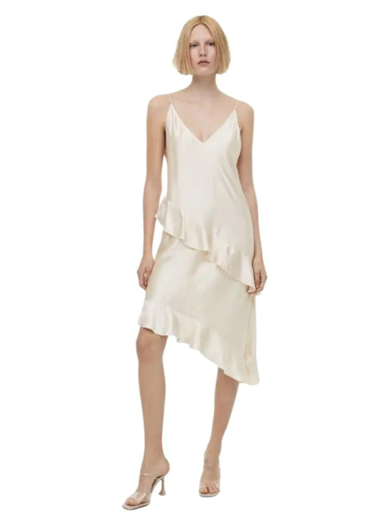 H&M Dresses & Skirts - H&M Satin Slip Dress Cream Ivory Ruffle Midi Dress Asymmetrical Hem V Neck S
